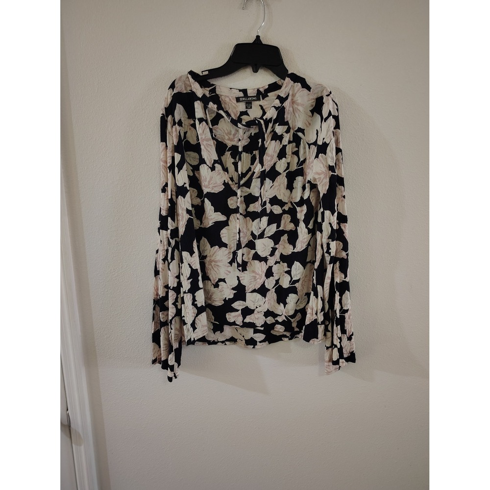 Billabong Floral Long Sleeve Bell Sleeve Tie Neck Blouse Black Pink Small